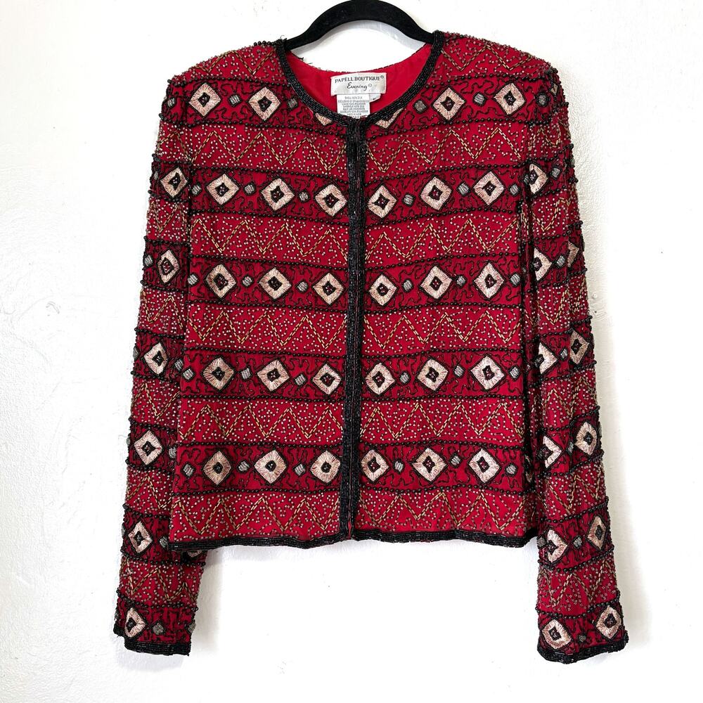 Vintage Adrianna Papell Boutique Silk Beaded Cropped Evening Jacket Red Black L